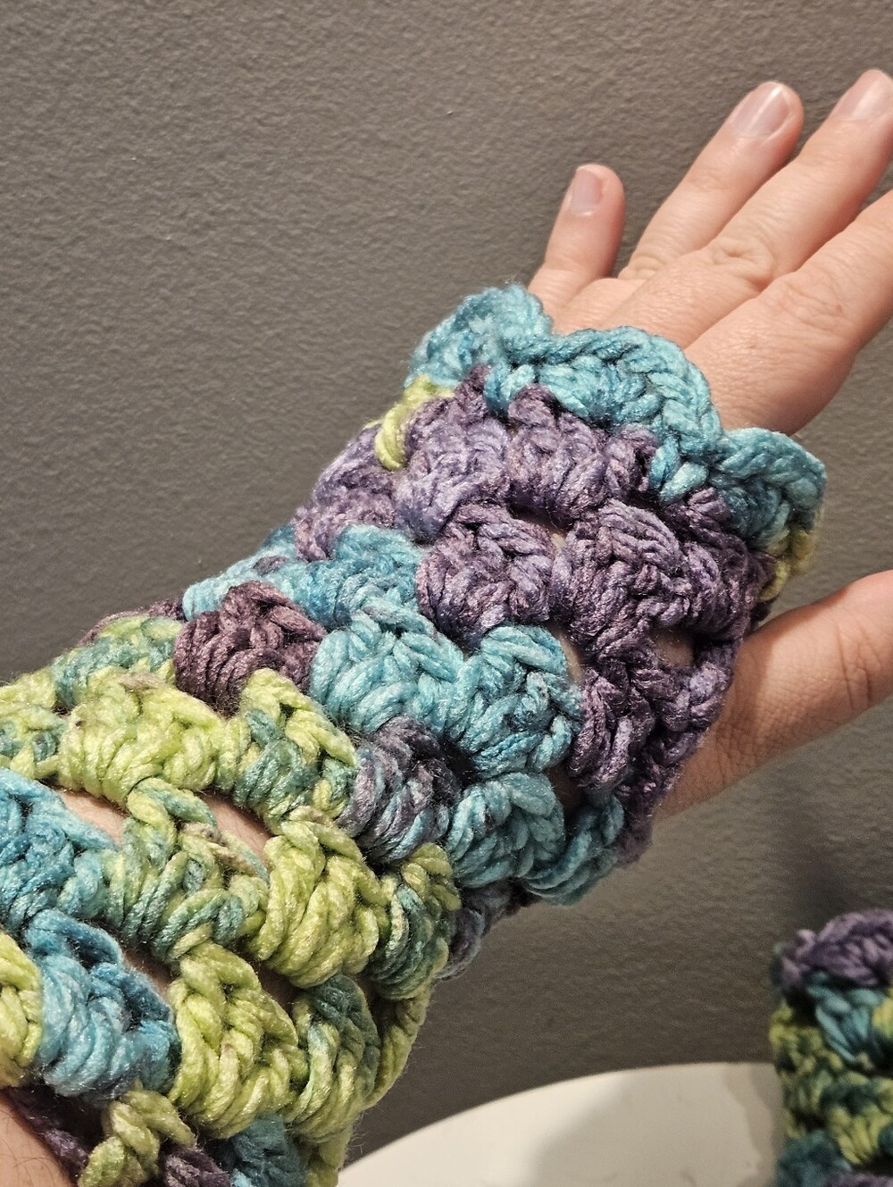 Hand Crafted Multicolor Crochet Fingerless Gloves - Teal, Purple, Lime